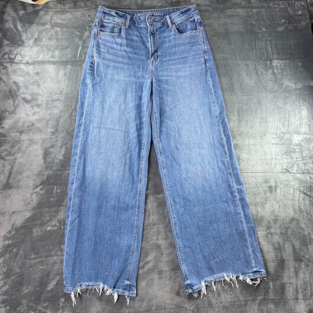 American Eagle Super High Rise Baggy Wide Leg Jeans Medium Wash Womens 8 Short